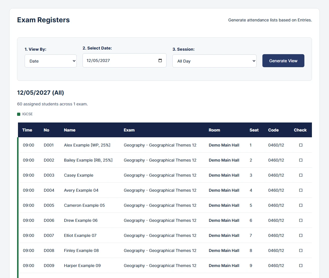 Current V74 screen showing prepare an exam register, using fictional school data