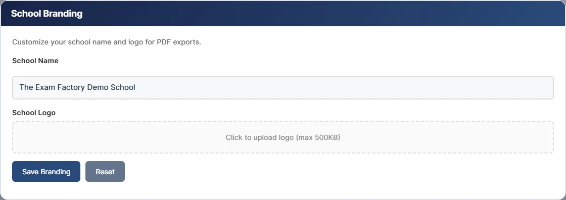 School branding settings with school name and logo upload