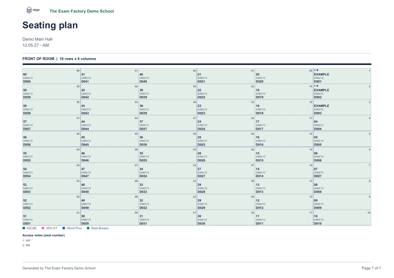 Actual one-page seating plan for a fictional 60-seat room