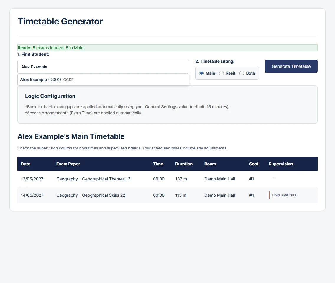 A current student timetable with clear date, paper, duration, room, seat and supervision columns